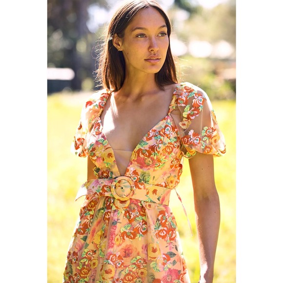 For Love & Lemons Floral Mini Dress Large Golden Yellow Plunge Short Sleeve Nwt - Picture 2 of 15